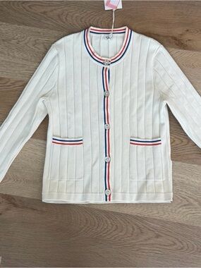 KULE Classic White Ribbed Cardigan with Red & Blue Trim